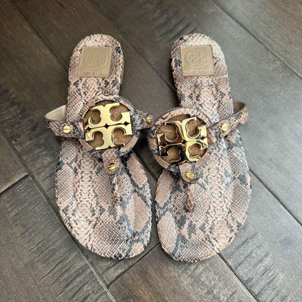 Tory Burch Snakeskin Print Logo Thong Sandals with Gold Emblem